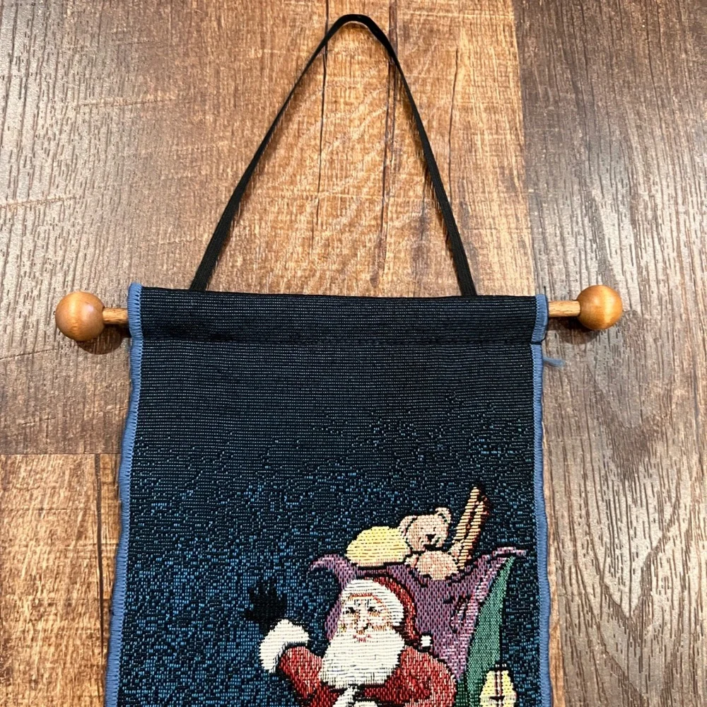 Vintage Christmas Santa Sleigh Woven Tapestry Wall Hanging Bell Pull Tassel Blue